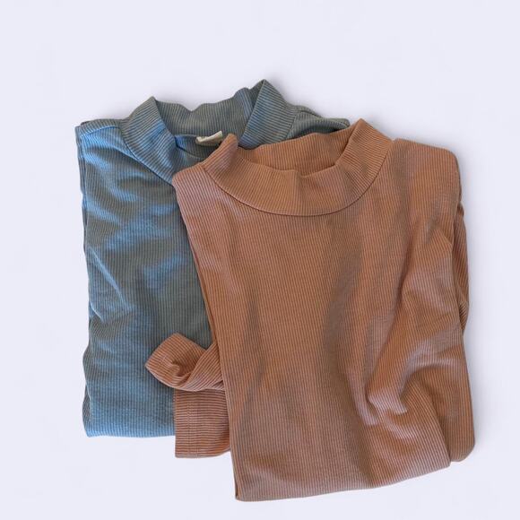 Soft and cozy light pink and baby blue ribbed short sleeve turtleneck tops - Picture 1 of 4